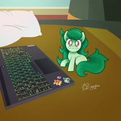 Size: 4096x4096 | Tagged: safe, alternate version, artist:theratedrshimmer, wallflower blush, earth pony, pony, g4, bed, behaving like a cat, chibi, computer, cute, female, flowerbetes, implied sunset shimmer, laptop computer, looking at you, meme, pillow, ponified, ponified animal photo, ponified meme, smol, solo, tiny, tiny ponies