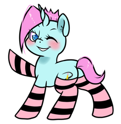 Size: 934x957 | Tagged: safe, artist:paperbagpony, oc, oc:peppermint flitter, pony, unicorn, blushing, butt, clothes, horn, plot, raised hoof, simple background, socks, striped socks, unicorn oc, white background