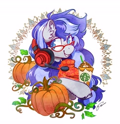 Size: 3968x4096 | Tagged: safe, artist:opalacorn, oc, oc only, oc:cinnabyte, earth pony, pony, coffee, commission, drink, ear fluff, female, glasses, grin, headset, hoof hold, latte, leaves, mare, pumpkin, simple background, smiling, solo, unshorn fetlocks, white background