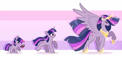 Size: 3533x1756 | Tagged: safe, artist:syrupyyy, twilight sparkle, alicorn, pony, unicorn, g4, age progression, blank flank, comparison, crown, cute, female, filly, filly twilight sparkle, foal, high res, jewelry, mare, older, older twilight, older twilight sparkle (alicorn), ponytober, princess twilight 2.0, regalia, sequence, simple background, syrupyyy is trying to murder us, twiabetes, twilight sparkle (alicorn), unicorn twilight, younger