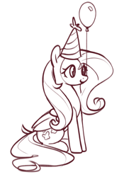 Size: 1009x1445 | Tagged: safe, artist:nookprint, fluttershy, pegasus, pony, g4, balloon, black and white, cute, female, folded wings, grayscale, hat, lineart, mare, monochrome, mouth hold, party hat, shyabetes, simple background, sitting, solo, white background, wings