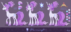 Size: 2750x1265 | Tagged: safe, artist:heilos, tree of harmony, oc, oc:harmony (heilos), classical unicorn, pony, unicorn, big crown thingy, cloven hooves, color palette, crown, crystal, cutie mark, element of generosity, element of honesty, element of kindness, element of laughter, element of loyalty, element of magic, elements of harmony, female, flower, flower in hair, horn, jewelry, leonine tail, mare, ponified, reference sheet, regalia, smiling, tail, unshorn fetlocks