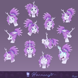 Size: 2100x2100 | Tagged: safe, artist:heilos, tree of harmony, oc, oc only, oc:harmony (heilos), pony, crying, crystal, expressions, facial expressions, female, flower, flower in hair, high res, magic, mare, ponified, reference sheet, smiling