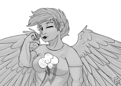 Size: 2868x2042 | Tagged: safe, artist:ponykittenboi, rainbow dash, human, g4, alternate hairstyle, biceps, black lipstick, breasts, busty rainbow dash, clothes, cutie mark on clothes, ear piercing, earring, eyebrow slit, eyebrows, female, flexing, grayscale, high res, humanized, jewelry, lipstick, looking at you, monochrome, one eye closed, piercing, signature, simple background, sketch, solo, unfinished art, watermark, white background, winged humanization, wings, wink, winking at you, wip