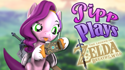 Size: 1920x1080 | Tagged: safe, artist:pika-robo, pipp petals, pegasus, pony, series:pipp plays, g4, g5, 3d, fake thumbnail, female, folded wings, g5 to g4, gamer pipp, gaming headset, generation leap, headset, hoof hold, let's play, mare, master sword, raised eyebrow, sheikah slate, shield, source filmmaker, sword, the legend of zelda, the legend of zelda: breath of the wild, tongue out, video game, weapon, wings, youtube thumbnail