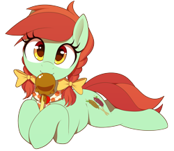 Size: 2300x2000 | Tagged: safe, artist:thebatfang, candy apples, earth pony, pony, g4, apple, apple family member, bow, braid, candy apple, cute, female, food, hair bow, high res, looking at you, lying down, mare, pigtails, prone, simple background, solo, transparent background