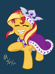 Size: 1668x2224 | Tagged: safe, artist:mayorlight, princess platinum, sunset shimmer, pony, unicorn, mlp fim's twelfth anniversary, equestria girls, g4, clothes, clothes swap, cosplay, costume, crown, eyes closed, female, grin, halloween, holiday, jewelry, mare, nightmare night, raised hoof, regalia, smiling, solo