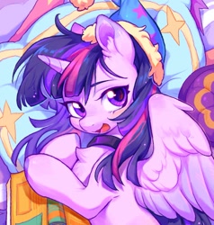 Size: 1195x1255 | Tagged: safe, artist:千雲九枭, twilight sparkle, alicorn, pony, bed, blushing, book, chest fluff, choker, collar, cute, ear fluff, featured image, female, hat, looking back, lying down, mare, nightcap, on side, open mouth, open smile, pillow, smiling, solo, twiabetes, twilight sparkle (alicorn), wings