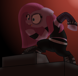 Size: 2352x2294 | Tagged: safe, artist:legendoflink, pinkie pie, earth pony, pony, g4, backlighting, belt, bipedal, black metal, boots, clothes, death metal, female, high res, makeup, mare, pinkamena diane pie, pinktober, raised leg, shoes, simple background, solo, speaker, spiked wristband, stage, sweatband, wristband