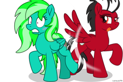 Size: 9467x6363 | Tagged: safe, artist:ejlightning007arts, artist:small-brooke1998, oc, oc:starshine twinkle, pegasus, pony, base used, crossover, duo, shatter (transformers), simple background, spanking, tongue out, transformers, transparent background, wing slap, wings, wingspank