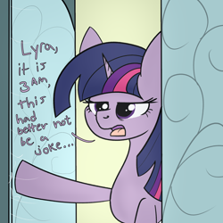 Size: 2000x2000 | Tagged: safe, artist:dafiltafish, twilight sparkle, alicorn, pony, comic:day by day, g4, bags under eyes, comic, dialogue, door, doorway, female, high res, hooves, horn, implied lyra, lidded eyes, mare, open mouth, solo, tired eyes, twilight sparkle (alicorn)