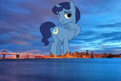 Size: 2048x1365 | Tagged: safe, artist:cheezedoodle96, edit, editor:jaredking779, night light, pony, unicorn, g4, attack on pony, california, frog (hoof), giant pony, giant unicorn, highrise ponies, irl, looking at you, macro, male, mega giant, photo, ponies in real life, raised hoof, san francisco, smiling, solo, stallion, story included, underhoof