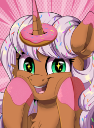 Size: 2964x4000 | Tagged: safe, artist:joaothejohn, oc, oc only, oc:donut daydream, pony, unicorn, candy, cheek squish, cute, donut, food, horn, horn impalement, looking at you, smiling, solo, squishy cheeks, unicorn oc