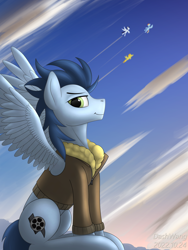 Size: 2250x3000 | Tagged: safe, artist:dash wang, oc, pegasus, pony, bomber jacket, clothes, cloud, high res, jacket, male, sky, stallion, wings