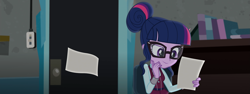 Size: 2871x1080 | Tagged: safe, composite screencap, edit, edited screencap, screencap, sci-twi, twilight sparkle, human, equestria girls, g4, my little pony equestria girls: friendship games, clothes, crystal prep academy uniform, female, glasses, hair bun, paper, school uniform, solo