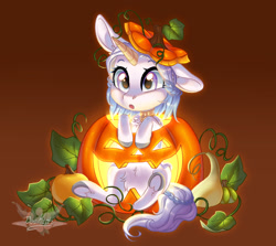 Size: 1920x1712 | Tagged: safe, artist:doekitty, part of a set, oc, oc only, oc:opalescent, pony, unicorn, chibi, commission, female, halloween, holiday, jack-o-lantern, mare, one ear down, pumpkin, solo, ych result