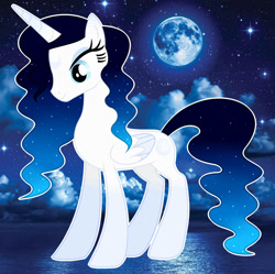 Size: 1280x1276 | Tagged: safe, artist:cindystarlight, oc, oc only, oc:moonlight, alicorn, pony, base used, female, mare, moon, night, ocean, slender, solo, stars, thin, water