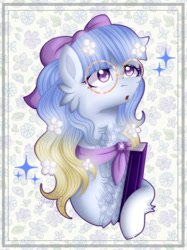 Size: 864x1153 | Tagged: safe, artist:bloomydia, oc, pony, book, bow, female, glasses, hair bow, mare, solo