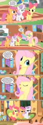 Size: 2207x6335 | Tagged: safe, artist:silverbuller, edit, edited screencap, screencap, apple bloom, fluttershy, scootaloo, sweetie belle, earth pony, pegasus, pony, unicorn, g4, stare master, apple bloom is not amused, comic, comically missing the point, cutie mark crusaders, exact words, literal minded, painfully innocent fluttershy, scootaloo is not amused, screencap comic, sweetie belle is not amused, the birds and the bees, unamused