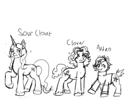 Size: 640x512 | Tagged: safe, artist:kokorokinda, oc, oc only, oc:astro, oc:clove, oc:sour clout, earth pony, pony, unicorn, clothes, earth pony oc, horn, reddit, simple background, sketch, sweater, trio, unicorn oc, unshorn fetlocks, white background