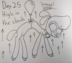 Size: 1707x1500 | Tagged: safe, artist:spoopygirl, pom (tfh), sheep, them's fightin' herds, balloon, bell, bell collar, cloven hooves, collar, community related, ewe, female, floating, ink drawing, lineart, ponytober, ponytober 2022, scared, simple background, traditional art, white background