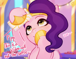 Size: 2728x2106 | Tagged: safe, artist:maren, pipp petals, pegasus, pony, g5, adorapipp, cellphone, cute, female, headband, high res, implied zipp storm, jewelry, mare, phone, smiling, solo, video call