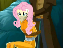 Size: 936x720 | Tagged: safe, edit, edited screencap, screencap, fluttershy, human, equestria girls, g4, bondage, bound and gagged, cloth gag, cute, gag, help me, over the nose gag, ropes, sad, scared, tied up, totally spies, worried