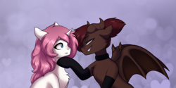 Size: 2000x996 | Tagged: safe, artist:alunedoodle, oc, oc only, oc:bubblegum kiss, oc:whiskey dreams, incubus, incubus pony, pony, unicorn, chest fluff, choker, clothes, duo, female, male, stockings, straight, thigh highs