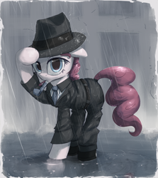 Size: 3000x3361 | Tagged: safe, artist:vultraz, pinkie pie, earth pony, pony, g4, clothes, coat, detective, fedora, female, floppy ears, hat, looking at you, mare, necktie, noir, noisemaker, party whistle, pinktober, ponerpics import, rain, raised hoof, solo, water, wet