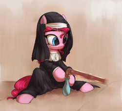 Size: 3000x2739 | Tagged: safe, artist:vultraz, pinkie pie, earth pony, pony, g4, abstract background, balloon, clothes, costume, cute, diapinkes, female, high res, mare, nun, nun outfit, pinktober, pipe (plumbing), ponerpics import, sitting, smiling, solo, water balloon