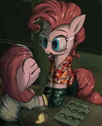 Size: 3000x3693 | Tagged: safe, artist:vultraz, pinkie pie, earth pony, pony, g4, bracelet, clothes, cupcake, female, fight club, food, gloves, goggles, high res, jewelry, latex, latex gloves, mare, open mouth, pants, pinkamena diane pie, pinktober, ponerpics import, rolling pin, safety goggles, self paradox, self ponidox, shirt, tyler durden