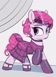 Size: 3000x4124 | Tagged: safe, artist:vultraz, pinkie pie, earth pony, pony, g4, abstract background, alternate hairstyle, clothes, dress, female, flapper, gloves, jewelry, mare, necklace, pearl necklace, pinktober, ponerpics import, raised hoof, shoes, smiling, solo