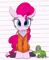 Size: 3000x3660 | Tagged: safe, artist:vultraz, gummy, pinkie pie, alligator, earth pony, pony, g4, clothes, female, high res, looking at you, mare, ponerpics import, prison outfit, prisoner pp, shirt, shoes, sitting, smiling, undershirt