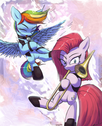 Size: 3000x3710 | Tagged: safe, artist:vultraz, pinkie pie, rainbow dash, earth pony, pegasus, pony, g4, abstract background, bipedal, choker, clothes, duo, eyes closed, female, flying, high res, hoof hold, looking at you, mare, microphone, musical instrument, open mouth, pinkamena diane pie, pinktober, shoes, singing, spread wings, trombone, vest, wings