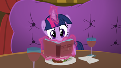 Size: 7282x4096 | Tagged: safe, artist:sollace, derpibooru exclusive, part of a set, twilight sparkle, pony, unicorn, series:pov, viva las pegasus, absurd resolution, adorkable, alcohol, book, bronybait, cute, date, dinner, dork, eating, female, food, glowing, glowing horn, high res, hooves on the table, horn, las pegasus, magic, mare, offscreen character, pov, reading, restaurant, show accurate, smiling, solo, telekinesis, twiabetes, unicorn twilight, vector, wine