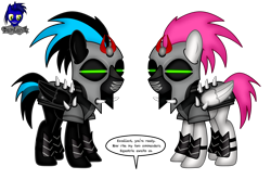 Size: 6016x3966 | Tagged: safe, artist:damlanil, oc, oc:nightlight aura, oc:storm cloud, pegasus, pony, armor, comic, commission, duo, female, helmet, mare, mind control, show accurate, simple background, sombra soldier, speech bubble, text, transparent background, vector, wings