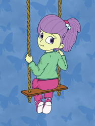 Size: 1500x2000 | Tagged: safe, artist:tahublade7, lily pad (g4), human, equestria girls, g4, my little pony equestria girls: better together, clothes, female, jacket, looking at you, pants, ponytail, shoes, sitting, solo, swing