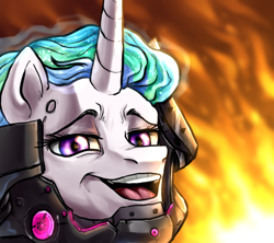Size: 784x696 | Tagged: safe, artist:not-ordinary-pony, derpibooru exclusive, princess celestia, alicorn, pony, g4, bust, crossover, female, fire, glowing mane, mare, metal gear, metal gear rising, portrait, smiling, solo, sundowner