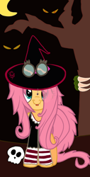 Size: 1080x2134 | Tagged: safe, artist:flutteryaylove, fluttershy, pony, mlp fim's twelfth anniversary, g4, drawing, fangs, hat, night, nightmare night, skull, smiling, tree, witch, witch hat