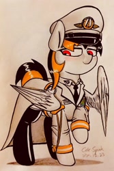 Size: 1600x2392 | Tagged: safe, artist:cdrspark, oc, oc only, oc:spark apocalypse, pegasus, pony, cap, clothes, female, hat, lidded eyes, military uniform, overcoat, pegasus oc, red eyes, rubber boots, solo, uniform, wings