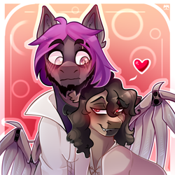 Size: 2000x2000 | Tagged: safe, artist:kwiateko, oc, oc:lourence, oc:vincent, earth pony, pony, artificial wings, augmented, black hair, blushing, couple, cute, gay, high res, male, mechanical wing, prosthetic eye, prosthetics, purple hair, vincelou, wings