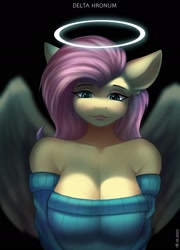 Size: 1750x2430 | Tagged: safe, alternate version, artist:delta hronum, fluttershy, angel, pegasus, anthro, g4, big breasts, breasts, busty fluttershy, cleavage, clothes, female, halo, lips, off shoulder, off shoulder sweater, solo, stupid sexy fluttershy, sweater, sweatershy