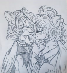 Size: 4096x4482 | Tagged: safe, artist:starkey, oc, alicorn, pegasus, pony, unicorn, alicorn oc, braid, braided tail, chest fluff, clothes, duo, ear fluff, ear piercing, earring, embrace, eyes closed, female, horn, jewelry, love, mare, monochrome, necktie, pegasus oc, piercing, smiling, tail, traditional art, unicorn oc, wings