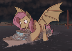 Size: 3498x2462 | Tagged: safe, artist:rapidstrike, fluttershy, bat pony, monster pony, pony, series:giant flutterbat, g4, bat ponified, bridge, california, city, cruise ship, destruction, drool, fangs, female, flutterbat, flutterpred, golden gate bridge, high res, macro, mare, mare pred, mass vore, multiple prey, ocean, open mouth, ponies eating humans, race swap, san francisco, ship, spread wings, tongue out, unknown prey, vore, water, wings