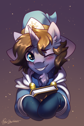 Size: 2000x3000 | Tagged: safe, artist:jedayskayvoker, oc, oc:azure lore, pony, unicorn, blushing, book, bust, cape, clothes, facial hair, gloves, goatee, gradient background, hat, high res, holding a book, horn, icon, looking at you, magic, magician, magician outfit, male, patreon, patreon reward, portrait, smiling, smiling at you, solo, stallion, unicorn oc