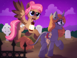 Size: 2560x1920 | Tagged: safe, artist:whitequartztheartist, oc, oc only, pegasus, pony, unicorn, flying, gravestone, graveyard, lamp, night, nightmare night