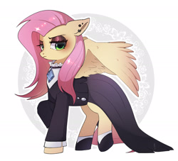 Size: 2200x2000 | Tagged: safe, artist:hosikawa, fluttershy, pegasus, pony, g4, clothes, ear piercing, eyeshadow, female, fluttergoth, frown, high res, lidded eyes, makeup, mare, partially open wings, piercing, raised hoof, signature, solo, wings, wrong eye color