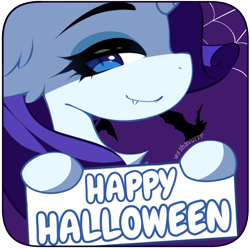 Size: 844x842 | Tagged: safe, artist:shavurrr, rarity, pony, unicorn, g4, cute, fangs, halloween, holiday, looking at you, smiling