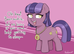 Size: 2340x1719 | Tagged: safe, artist:heretichesh, oc, oc only, oc:sleepy swirl, earth pony, pony, amulet, dialogue, female, filly, foal, jewelry, smiling, solo, text