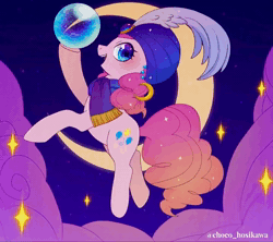 Size: 720x640 | Tagged: safe, artist:hosikawa, pinkie pie, earth pony, pony, friendship is witchcraft, gypsy bard, g4, animated, clothes, cloud, crescent moon, crystal ball, ear piercing, earring, female, gypsy pie, hat, jewelry, mare, moon, music, night, night sky, open mouth, piercing, scarf, shooting star, sky, solo, sound, webm